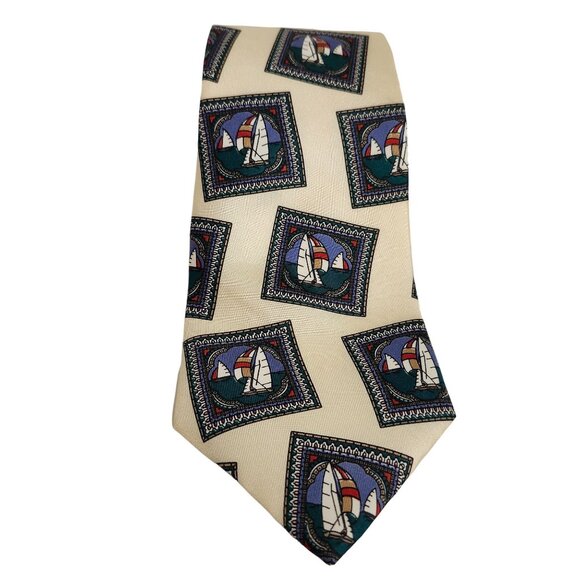 Vintage Morgan Hart Sailboat Pattern Cream Silk Tie 4" x 56" - Picture 4 of 4